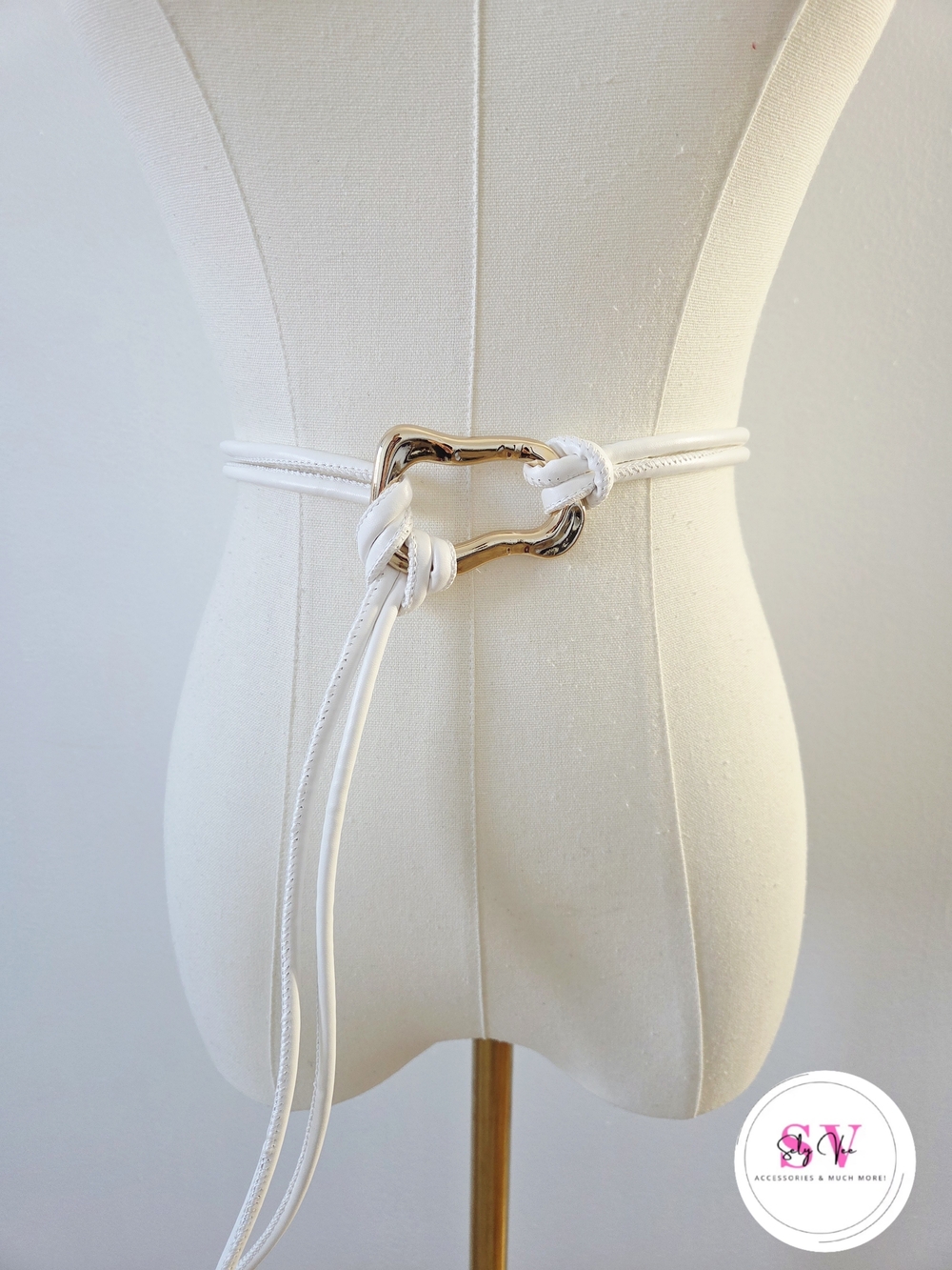 White Knotted Rope Belt with Gold Buckle
